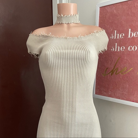 Ribbed Tan Off-Shoulder Mini Dress - Picture 2 of 5